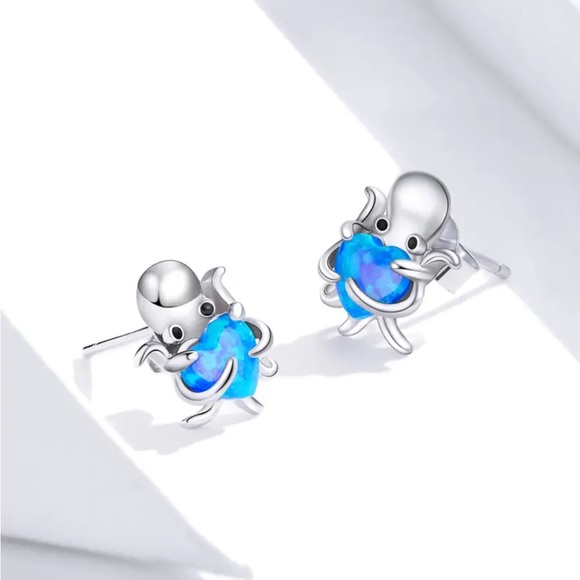 Sterling Silver Blue Heart Octopus Stud Earrings - Picture 2 of 5